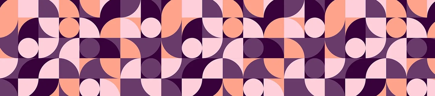 Geometric pattern with overlapping circles and squares in shades of purple, pink, and peach, creating a symmetrical, abstract design.