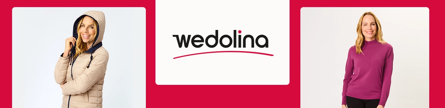 Zwei Bilder einer Frau in unterschiedlichen Outfits, eines in einer beigen Kapuzenjacke und das andere in einem violetten Pullover, mit dem „wedolina”-Logo in der Mitte.