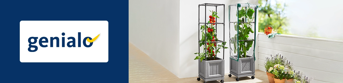 Zwei vertikale Gartenpflanzgefäße mit Tomatenpflanzen auf einer Terrasse, umgeben von einem weißen Geländer und Kräutertöpfen, mit einem „genialo“-Logo auf der linken Seite.