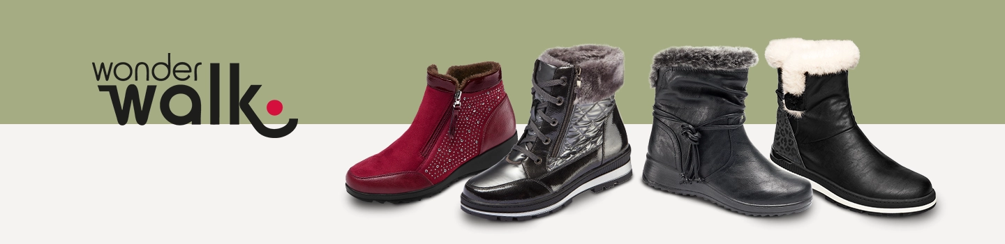 Vier Paar Winterstiefel in verschiedenen Stilen und Farben, präsentiert auf einem zweifarbigen Hintergrund mit dem „Wonder Walk“-Logo auf der linken Seite.
