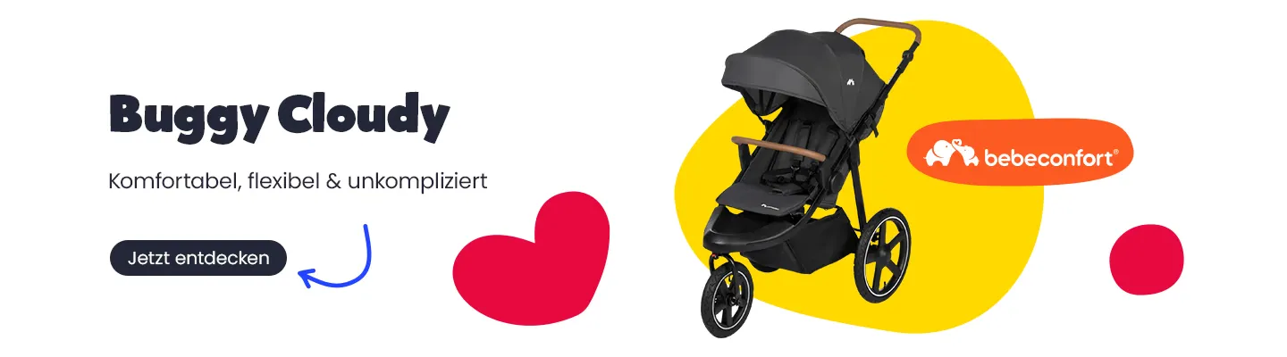Dreirädriger Buggy mit großem Verdeck und Stauraumkorb auf hellem Hintergrund. Der Kinderwagen ist als Modell „Buggy Cloudy“ von Bebeconfort dargestellt und eignet sich für komfortable Spaziergänge im Alltag.