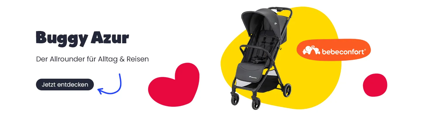 Werbebanner für den Bebeconfort Buggy Azur mit dem Slogan „Der Allrounder für Alltag &amp; Reisen“. Abgebildet ist ein schwarzer Buggy sowie ein Button mit der Aufschrift „Jetzt entdecken“.