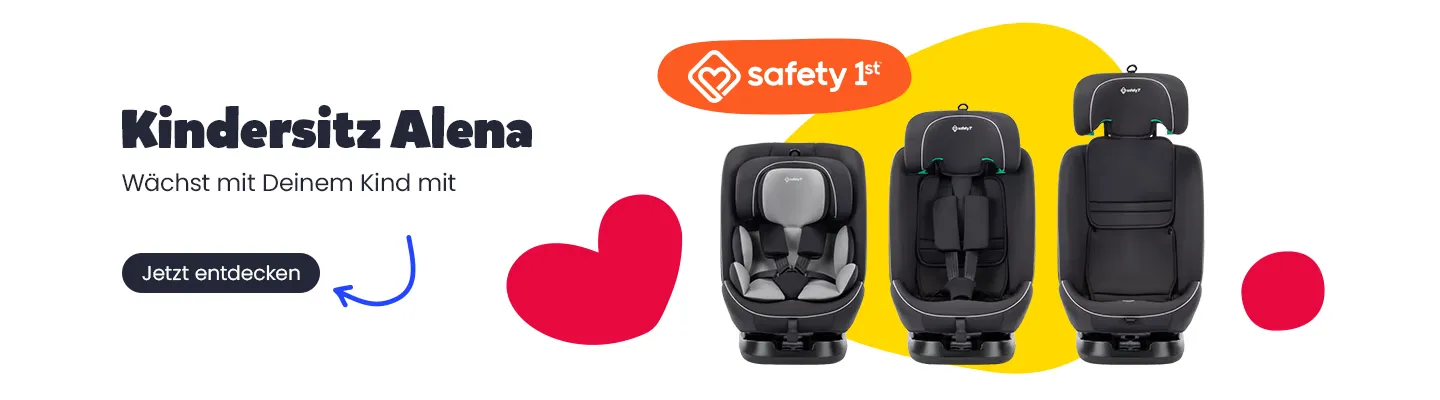 Safety 1st Alena mitwachsender Kindersitz, dargestellt in drei Nutzungsstufen für unterschiedliche Alters- und Größenklassen, mit Werbetext „Wächst mit Deinem Kind mit“.