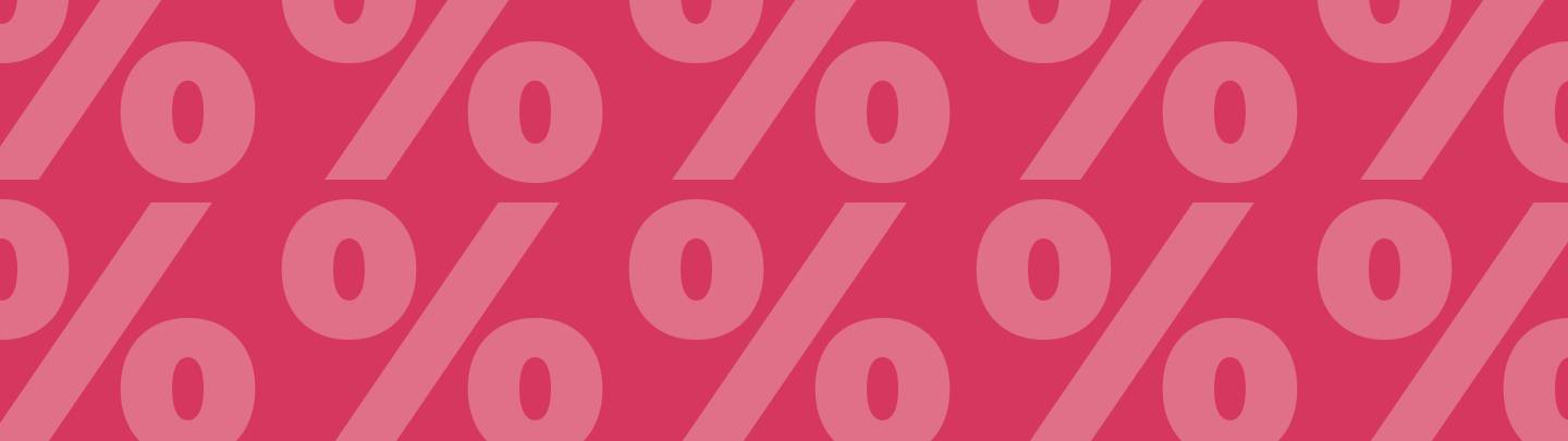 Roter Hintergrund mit großen, überlappenden rosa Prozentsymbolen, die diagonal über das Bild angeordnet sind.