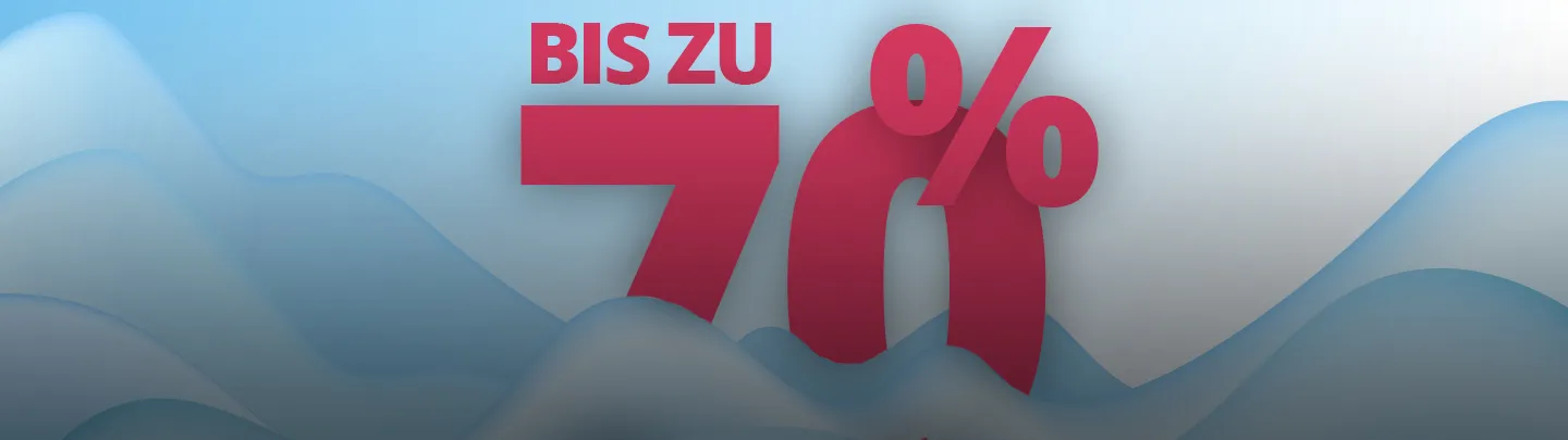 Text "Bis zu 70%" in fetter roter Schrift auf einem Hintergrund aus blauen abstrakten Wellen.