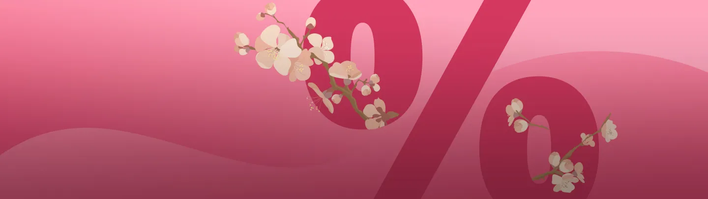 Rotes Prozentzeichen mit weißen Blüten auf rosa Farbverlaufshintergrund.