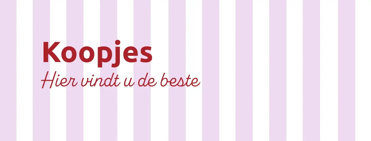 Text „Koopjes: Hier vindt u de beste” auf einem rosa-weiß gestreiften Hintergrund.