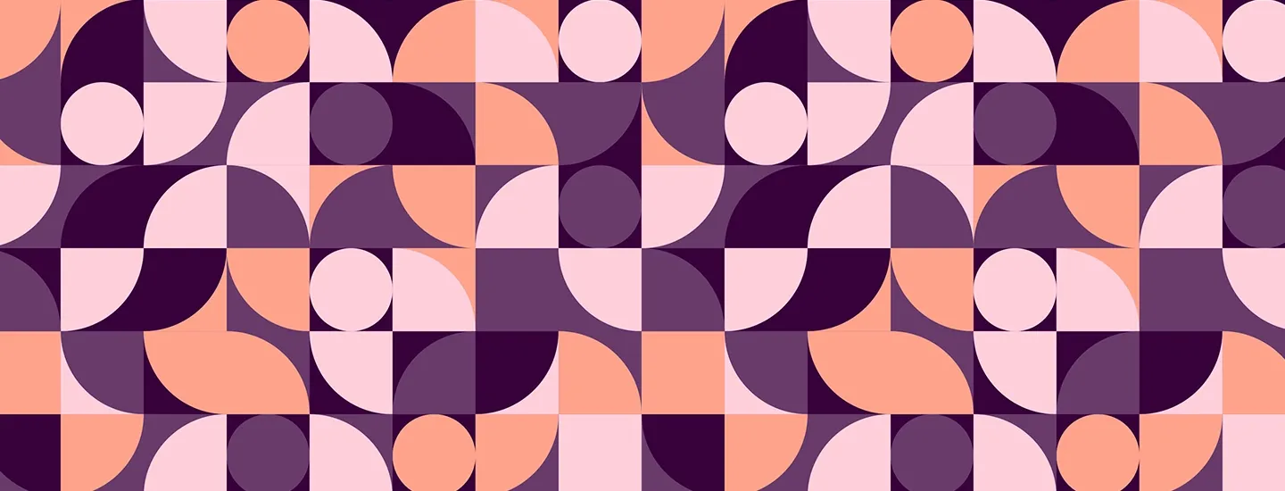 Abstract geometric pattern with overlapping circles and squares in shades of purple, pink, and peach.