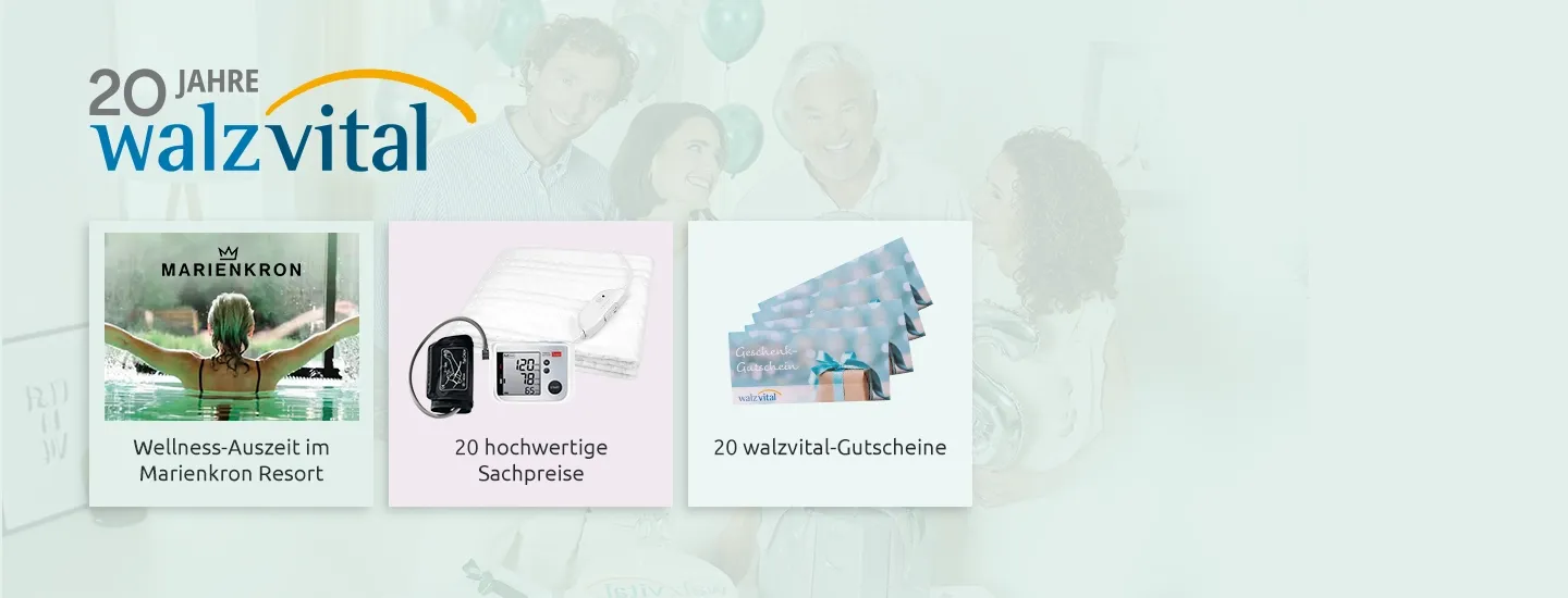 Newsletter Gewinnspiel für „20 Jahre Walzvital“ mit Wellness-Urlaub, hochwertigen Produkten und Geschenkgutscheinen.