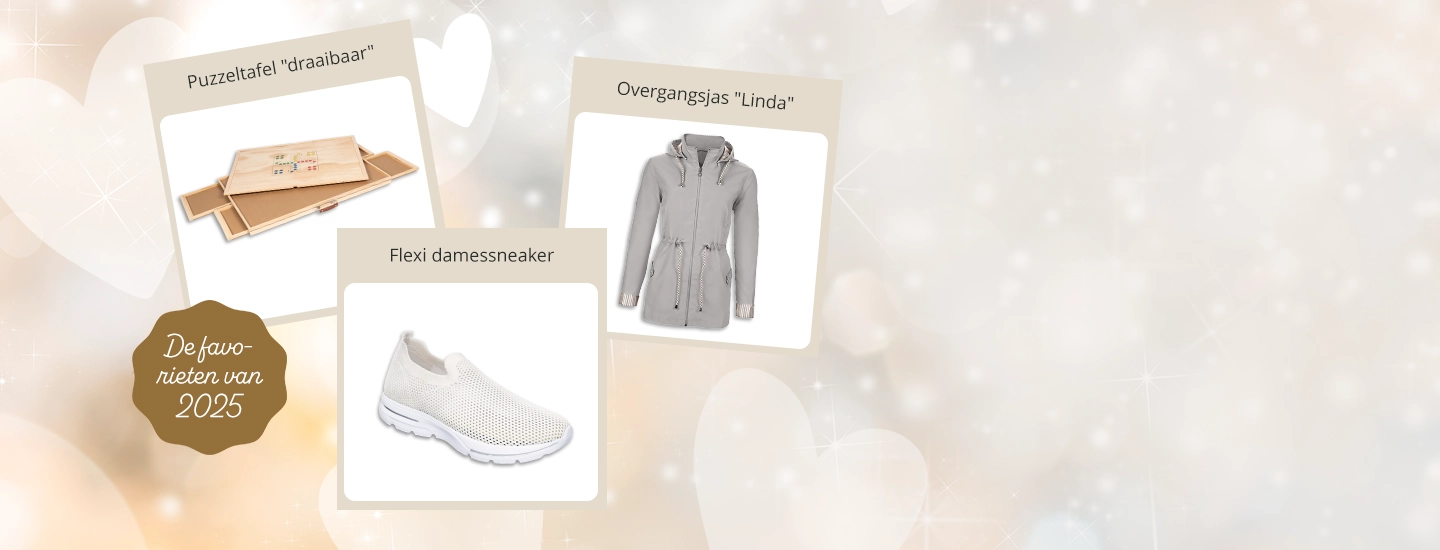 Favorieten voor 2025: puzzeltafel met 4 lades voor puzzelliefhebbers, grijze tussenjas ‘Linda’ voor dames en comfortabele witte flexibele sneakers voor dames – praktische en stijlvolle must-haves.