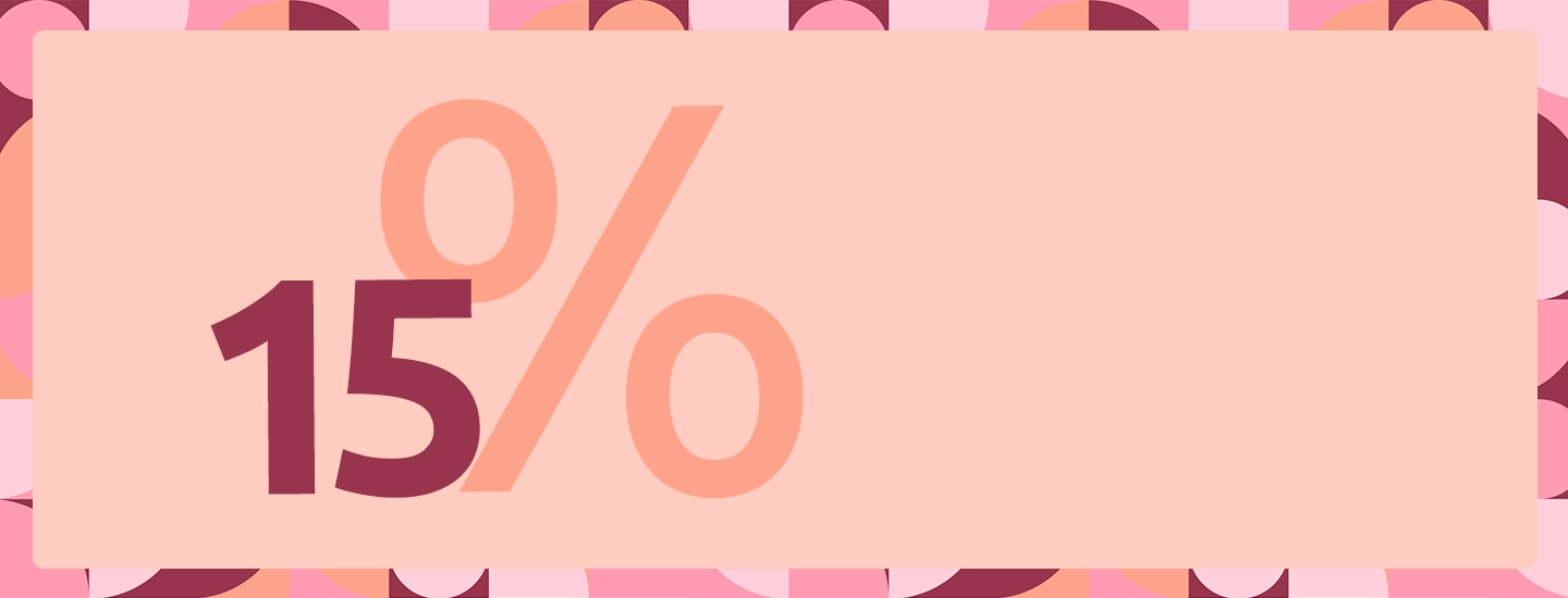 Text "15%" on a peach background with a pink and maroon geometric border.