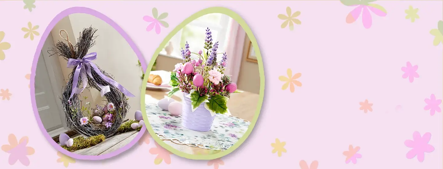 Oster-Blumenkranz und Lavendelstrauß auf rosa Blumenhintergrund.