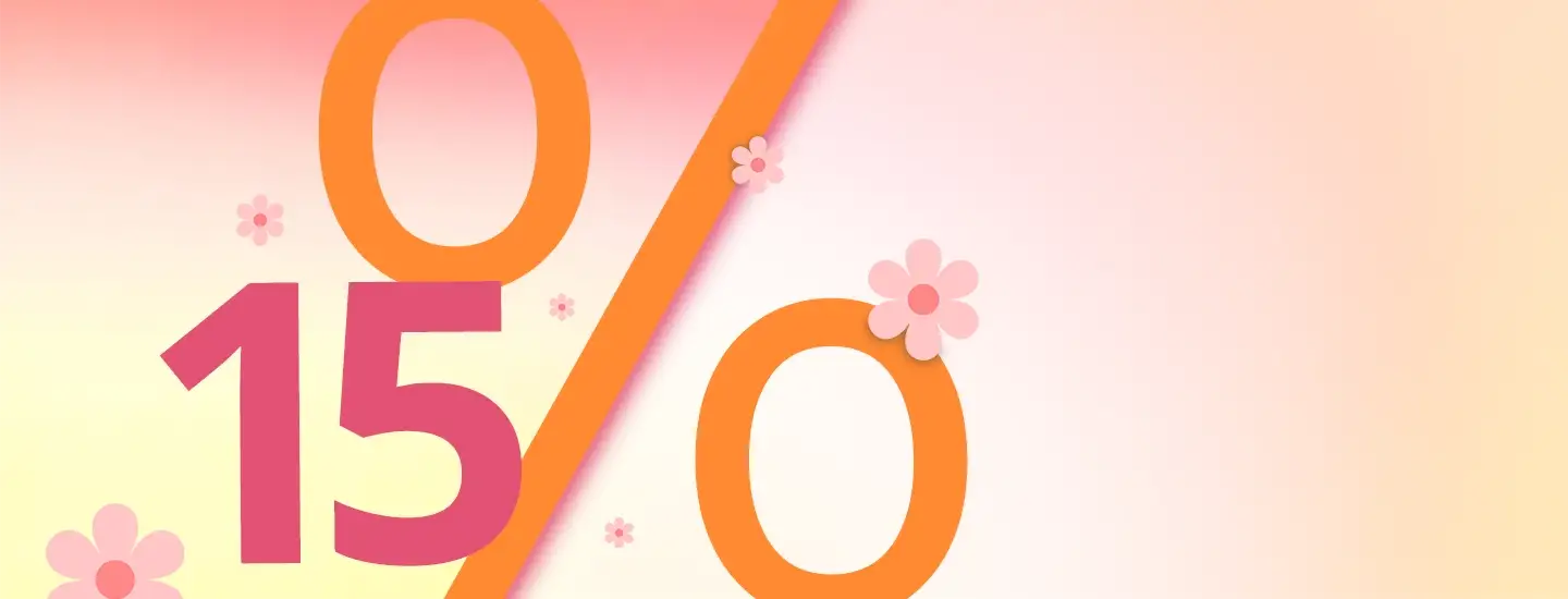Rosa und orangefarbene „15 %“-Ziffern, verziert mit Blumen auf einem sanften Farbverlaufshintergrund.