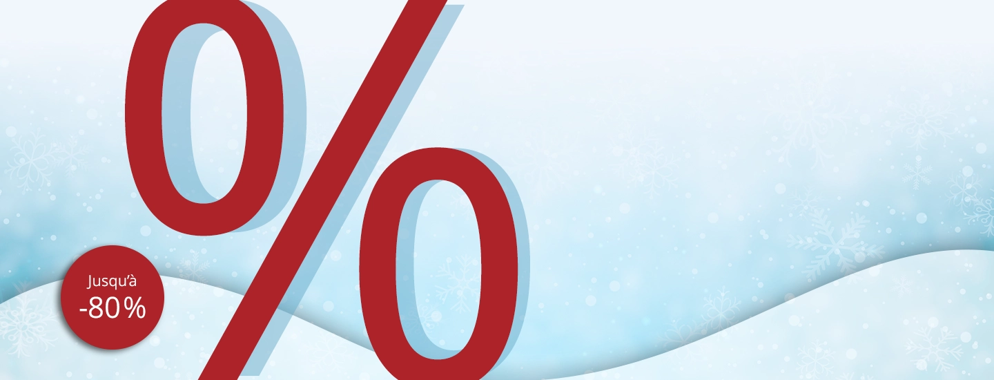 Grand symbole de pourcentage rouge sur fond de neige bleu pâle, avec un cercle indiquant "Jusqu'à -80%". Flocons de neige en arrière-plan.