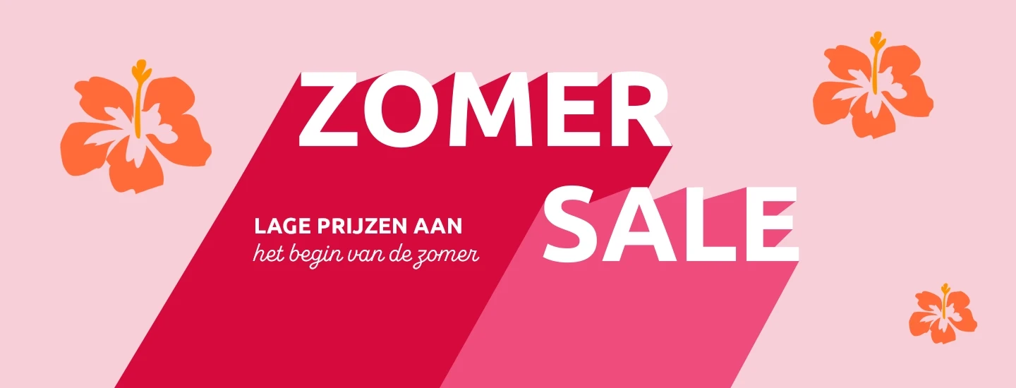 Rosa Sommer-Sonderverkaufs-Banner mit der Aufschrift „ZOMER SALE“, orangefarbenen Hibiskusblüten und dem Text „LAGE PRIJZEN AAN het begin van de zomer“.