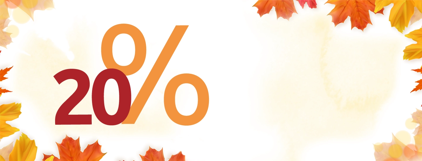 Herbstliches Design mit „20 %” in Fettschrift, umgeben von bunten Herbstblättern auf weißem Hintergrund.