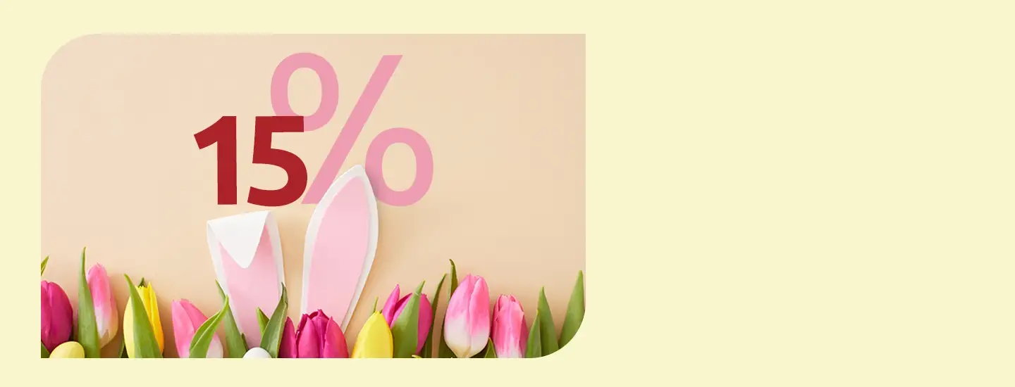 Tulpen und Hasenohren mit einem großen „15 %“-Schriftzug auf pastellfarbenem Hintergrund, was an ein Frühlings- oder Ostermotiv erinnert.
