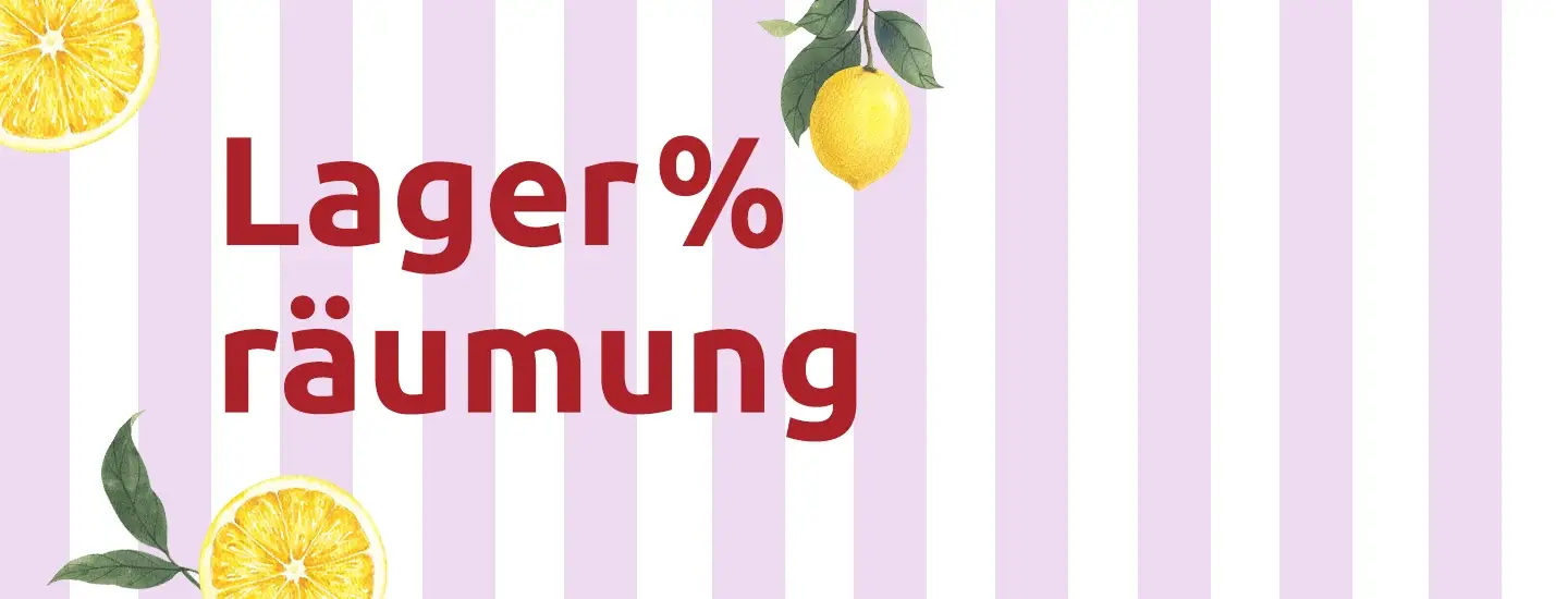 Der rote Schriftzug „Lagerräumung“ auf violett gestreiftem Hintergrund, an den Ecken mit Zitronen und Zitronenscheiben.