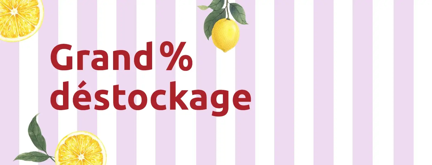 Text „Grand % déstockage“ auf hellviolett gestreiftem Hintergrund mit Illustrationen in Zitronen- und Orangetönen in den Ecken.
