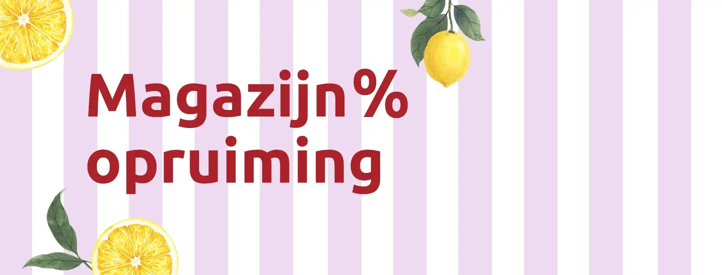 Text „Magazijn % opruiming“ auf violett gestreiftem Hintergrund mit abgebildeten Zitronen und Orangen.