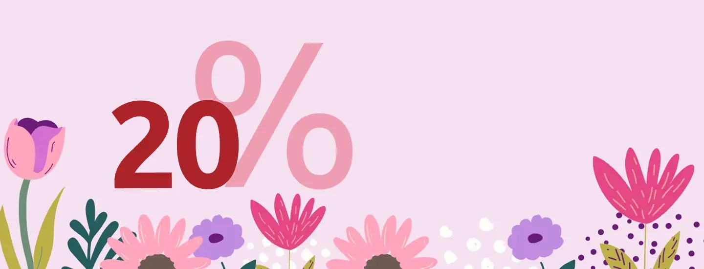 20 % in großer roter Schrift, umgeben von einer Vielzahl von rosa und violetten Blumen auf hellrosa Hintergrund.