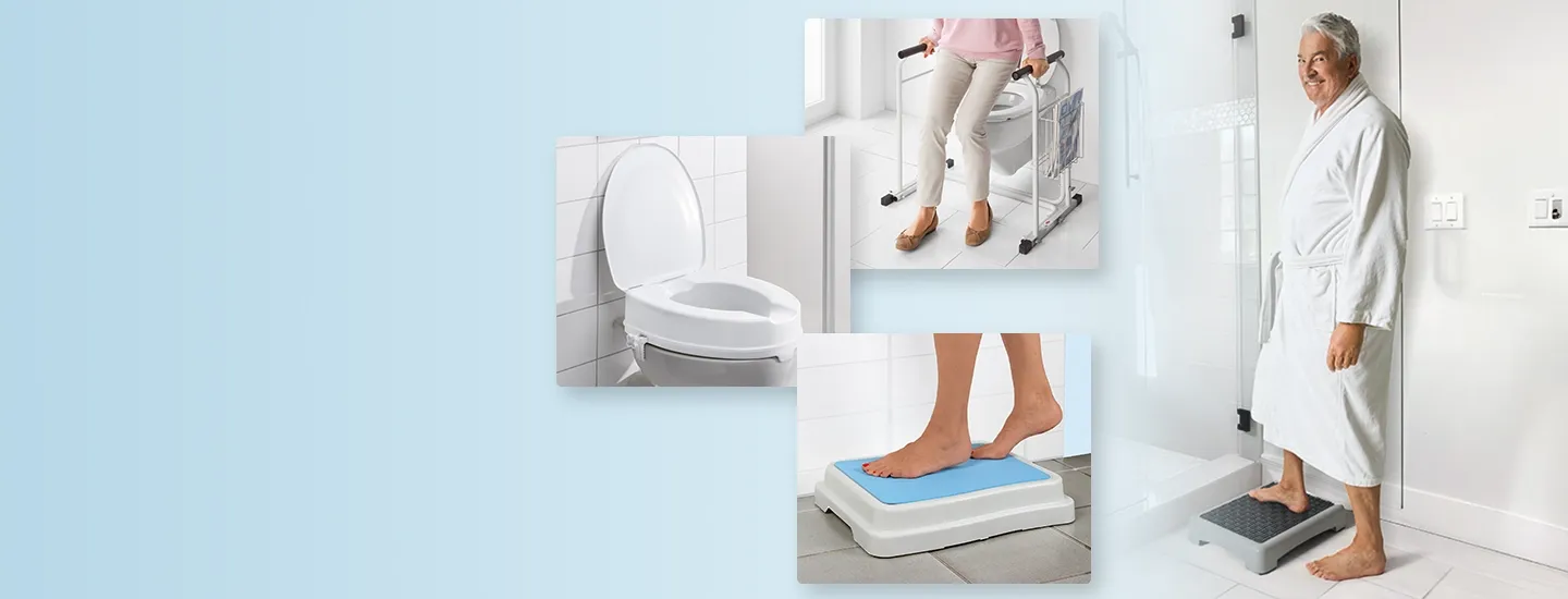 Collage aus Mobilitätshilfen: ein erhöhter Toilettensitz, ein Rollator mit zwei Handläufen, ein Fuß auf einer blauen Trittstufe und ein Mann im Bademantel, der eine Duschstufe benutzt.
