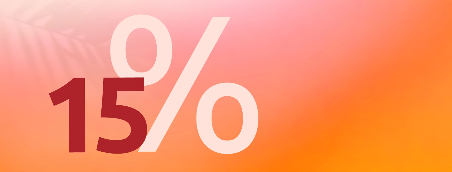 Großer „15%“-Text auf einem Hintergrund mit Farbverlauf in Rosa- und Orangetönen und einem subtilen Blattschatten.