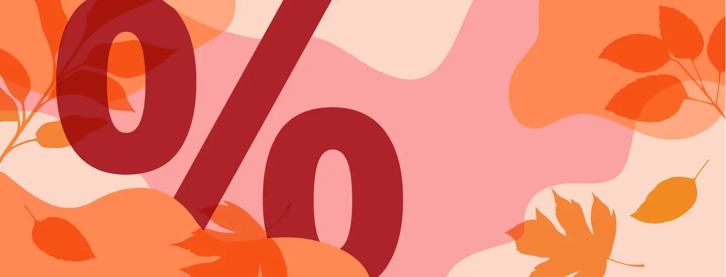 Herbstliche Rabattgrafik mit großem Prozentzeichen in Dunkelrot, umgeben von orangefarbenen Blättern auf roséfarbenem Hintergrund.