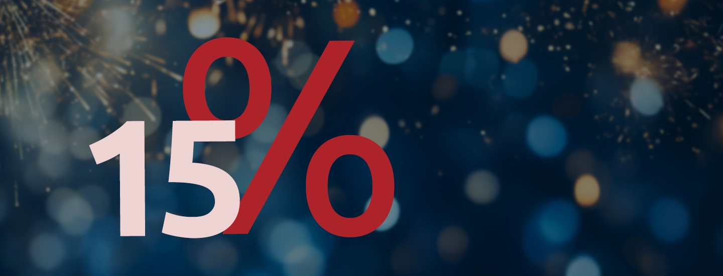 Neujahrs-Rabatt-Aktion mit 15 % Rabatt – festlicher Hintergrund mit Feuerwerk und Lichtbokeh, Jahreswechsel-Angebot