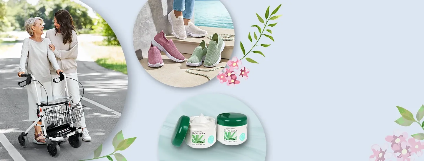 Zwei Frauen, die mit einem Rollator unterwegs sind, bunte Slipper und Aloe-Vera-Cremes vor einem Blumenhintergrund.