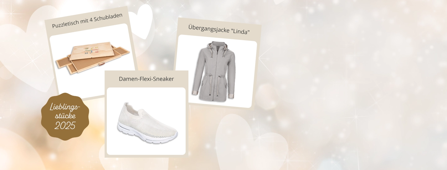Lieblingsstücke 2025: Puzzletisch mit 4 Schubladen für Puzzle-Fans, graue Übergangsjacke ‚Linda‘ für Damen und bequeme weiße Damen-Flexi-Sneaker – praktische und stilvolle Must-haves.