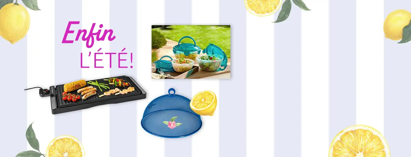 Barbecue avec légumes et saucisses, bâches bleues, citrons et l'inscription « Bonjour l'été » sur un fond rayé décoré de citrons.