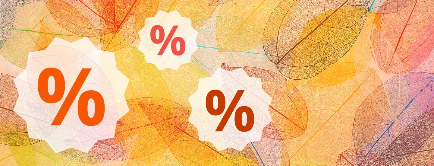 Bunter abstrakter Hintergrund mit filigranen Blattmustern und drei großen roten Prozentzeichen, die über das Bild verteilt sind.