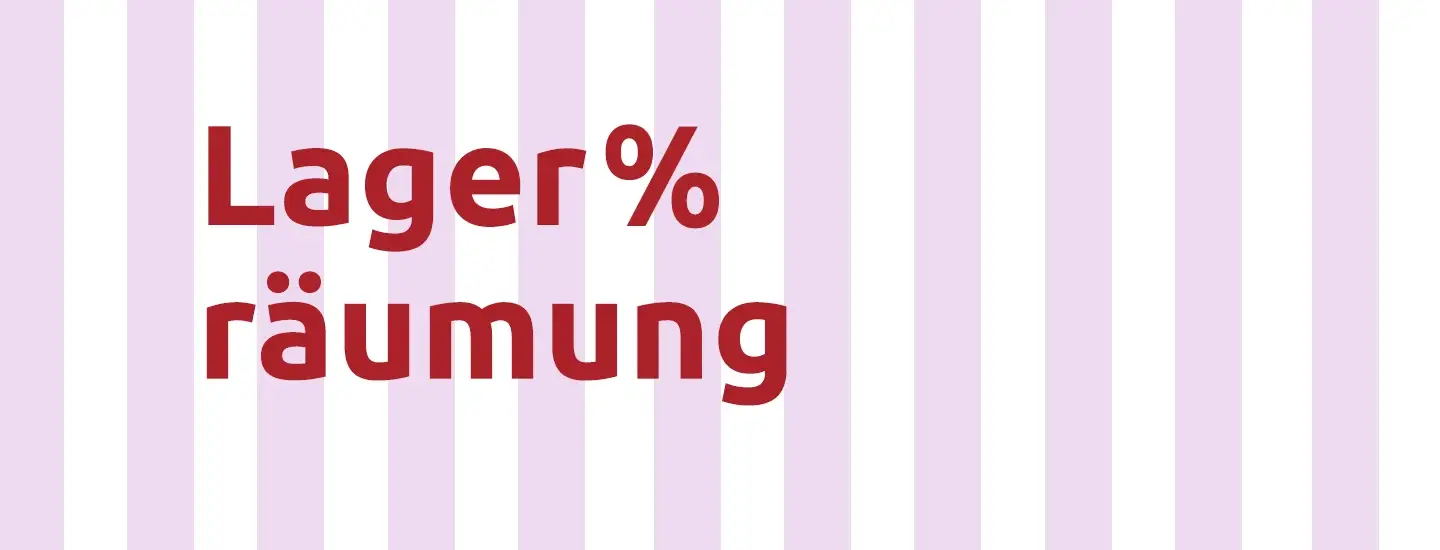 Roter Text „Lagerräumung” auf einem Hintergrund mit abwechselnd hellrosa und weißen vertikalen Streifen.
