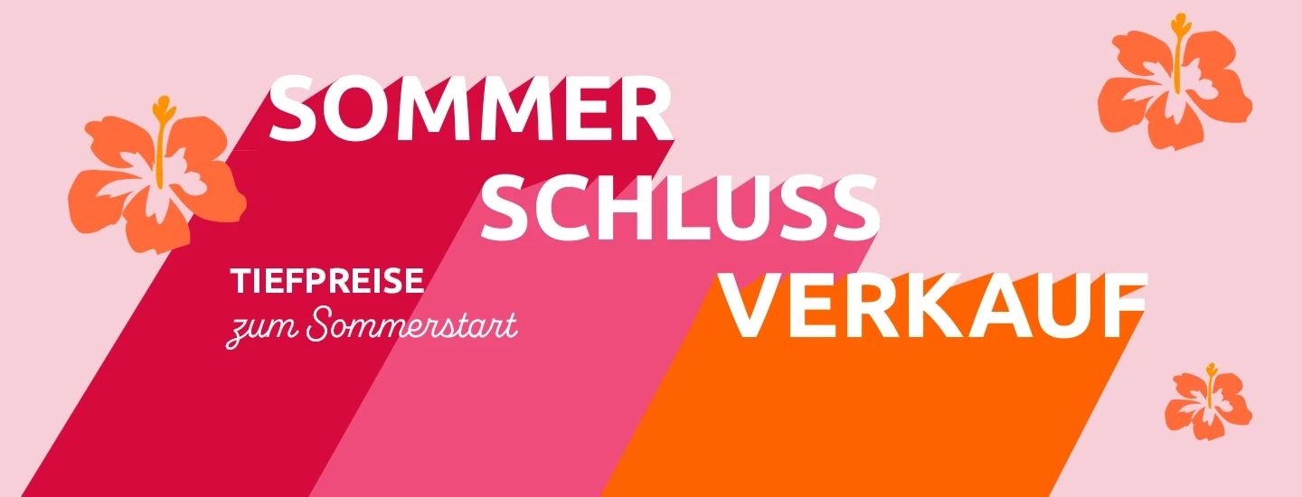 Farbenfrohes Plakat zum Sommerschlussverkauf mit Hibiskusblüten. Der Text lautet: „Sommerschlussverkauf. Tiefpreise zum Sommerstart.“