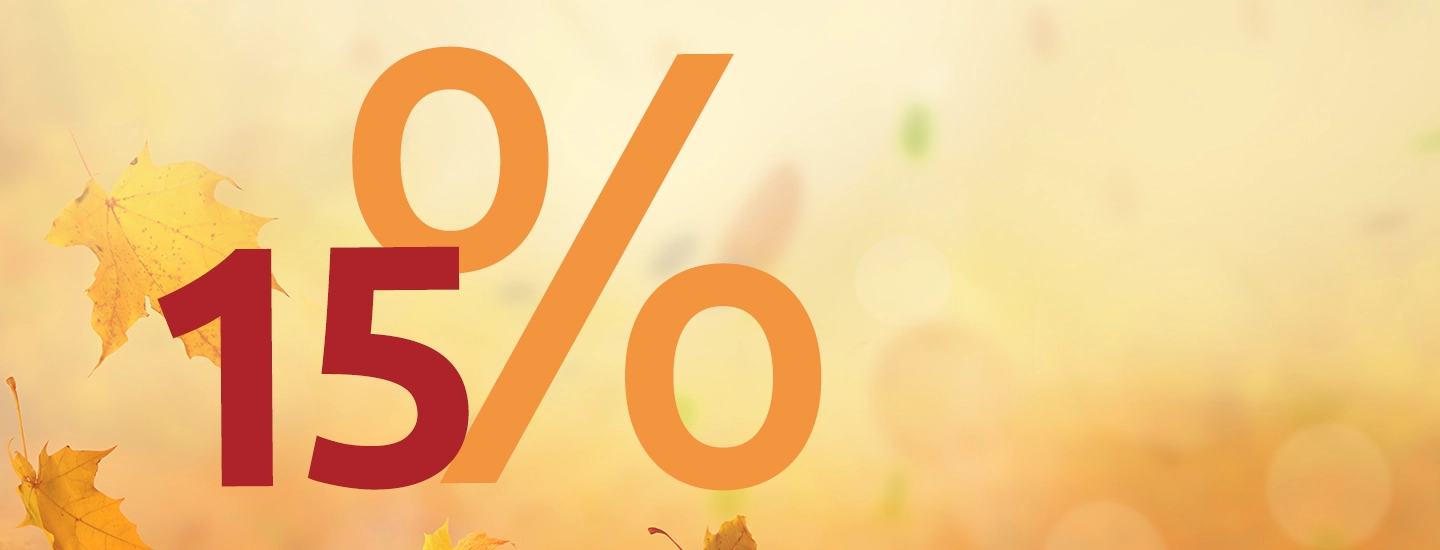 Großer Text „15 %“ mit Herbstblättern und einem warmen, unscharfen Hintergrund.