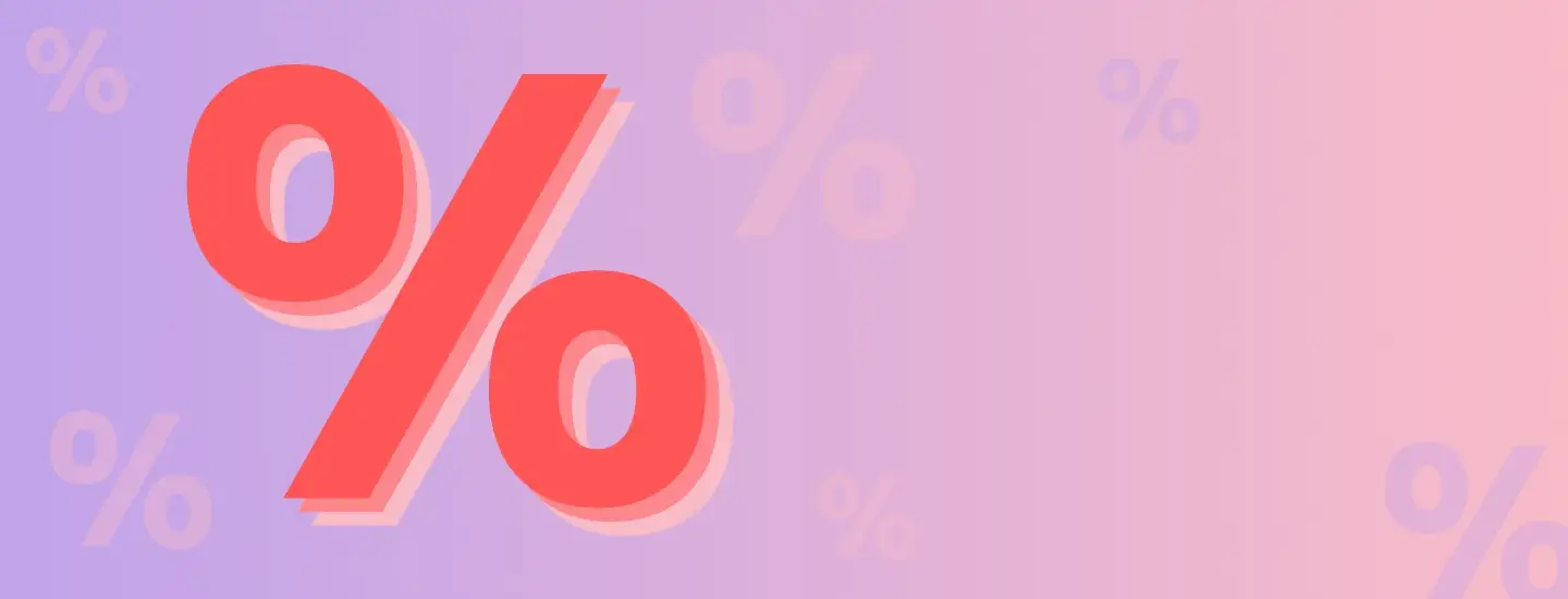 Ein großes rotes Prozentzeichen auf einem Hintergrund mit einem Farbverlauf von Lila nach Rosa, umgeben von kleineren, verblassten Prozentzeichen.