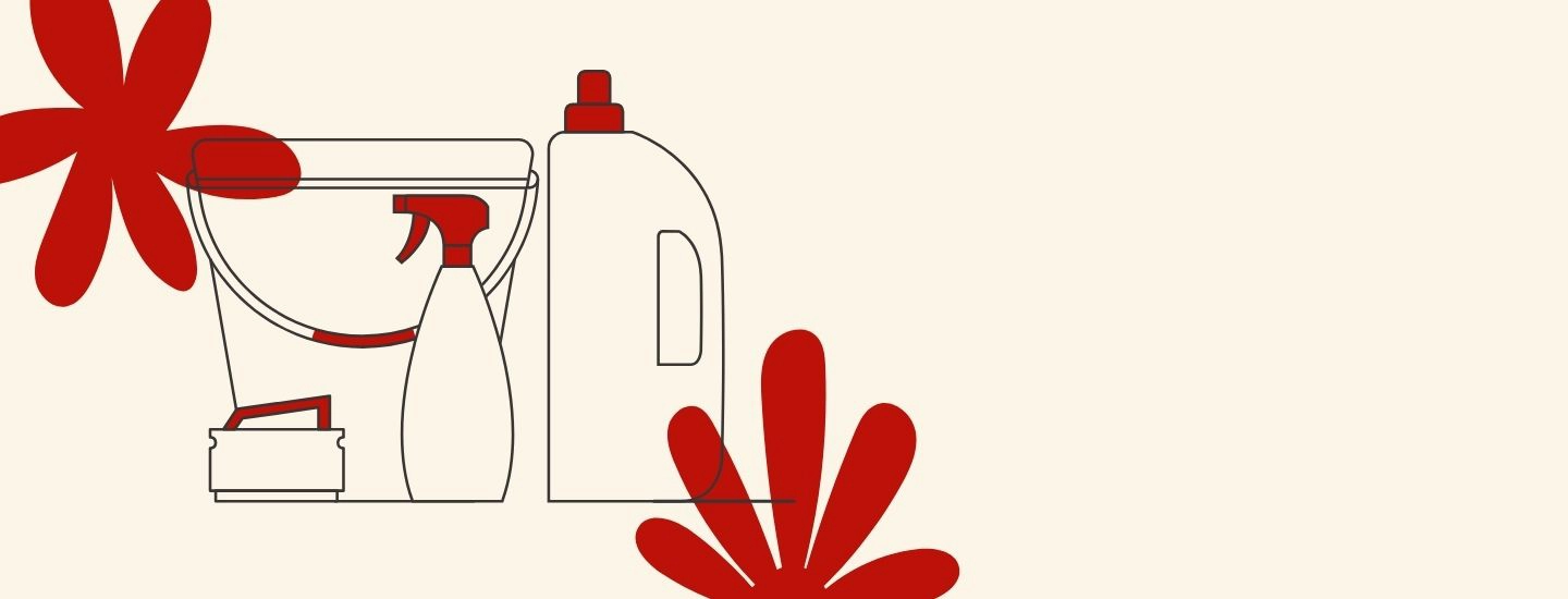 Strichzeichnung von Reinigungsutensilien, darunter ein Eimer, eine Sprühflasche und Reinigungsmittel, mit roten Blumenakzenten auf beigem Hintergrund.