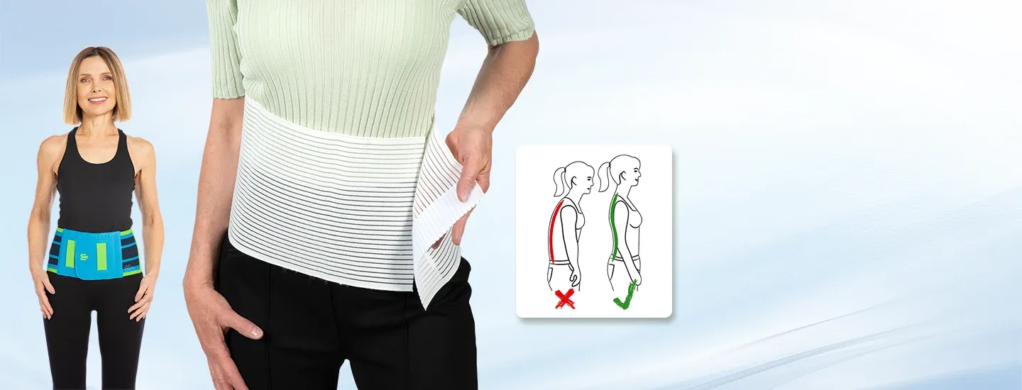 Eine Frau, die einen Haltungskorrekturgürtel trägt, neben einer anderen Frau, die eine gute Körperhaltung vorführt. Eine Illustration, die eine gekrümmte und eine aufrechte Körperhaltung gegenüberstellt.