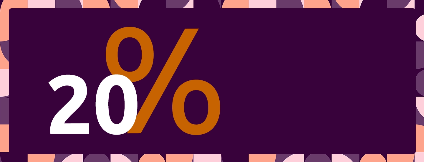 Fettgedruckter Text „20 %” auf dunkelviolettem Hintergrund mit einem abstrakten Muster aus rosa, pfirsichfarbenen und violetten Formen.