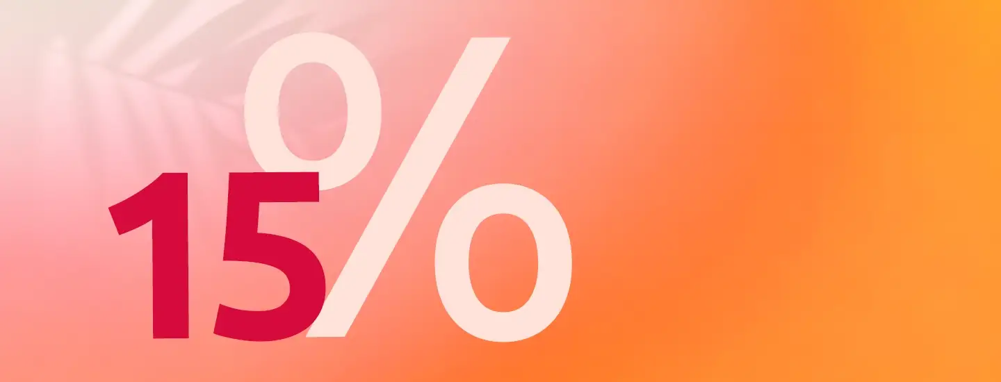 Eine große rote „15 %“-Zahl auf einem rosa-orangefarbenen Hintergrund mit Farbverlauf und dezenten Blattschatten.