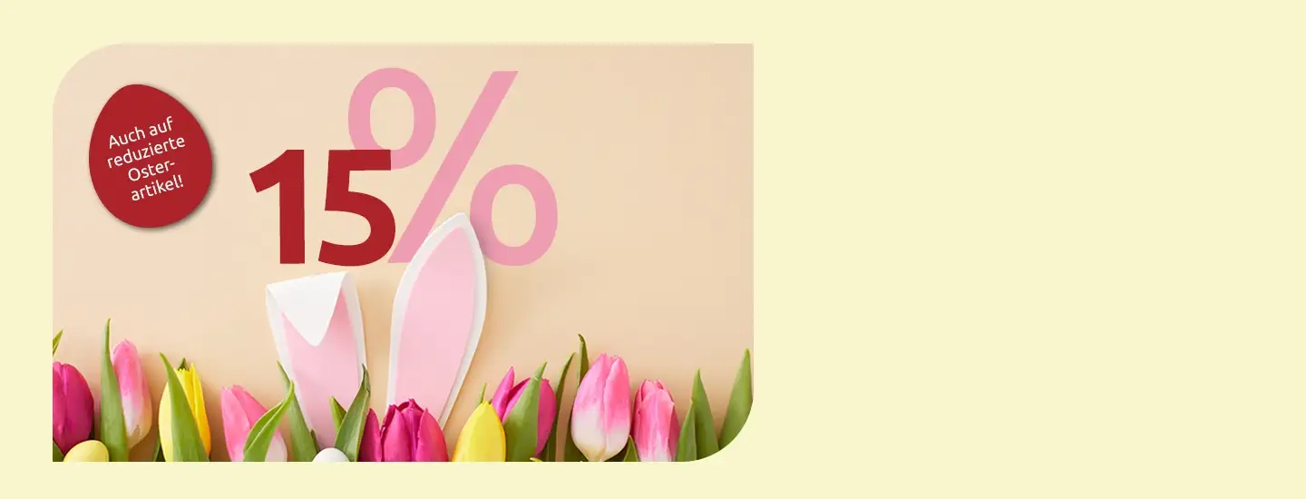 Ein Banner im Frühlingsdesign mit der rosa Aufschrift „15 %“, Hasenohren und bunten Tulpen. Text in der Ecke wirbt für einen Rabatt auf bereits reduzierte Osterartikel.
