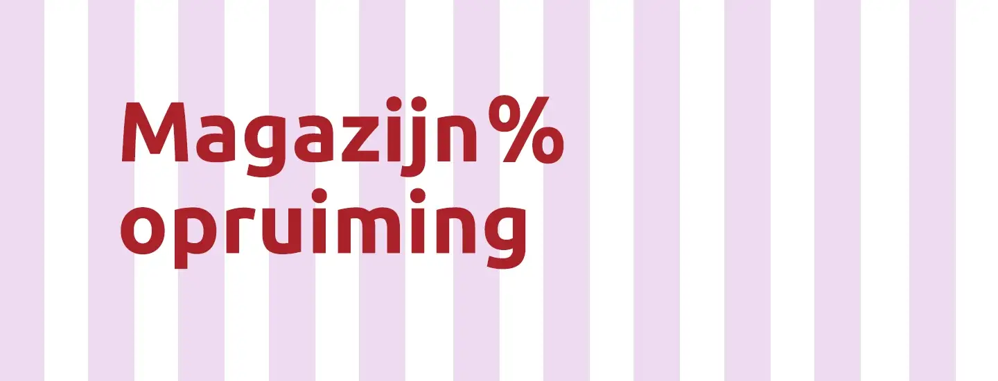 Roter Text „Magazijn% opruiming” auf einem Hintergrund aus vertikalen rosa und weißen Streifen.