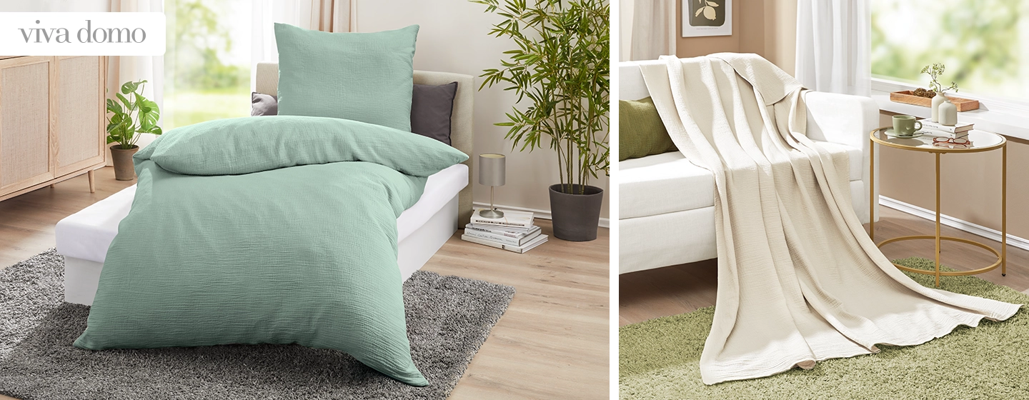 2 Artikel von viva domo: Eine mintgrüne Bettwäsche und eine cremefarbige Kuscheldecke