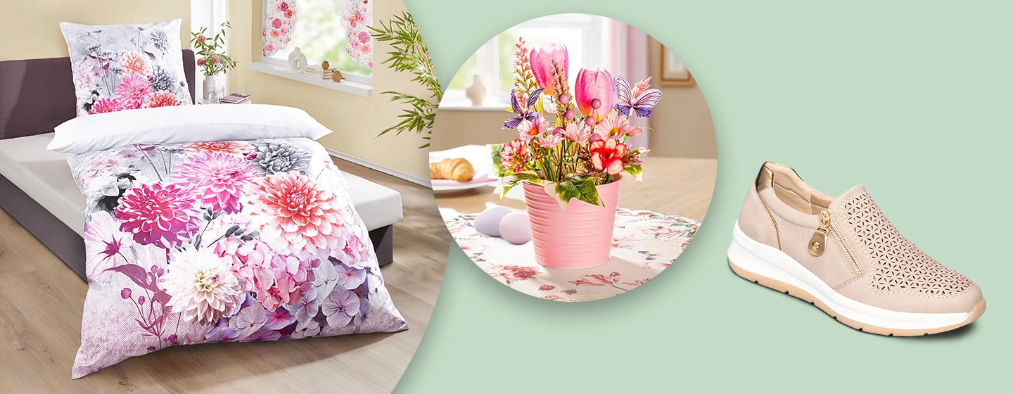 Blumenbettwäsche im Schlafzimmer, ein rosa Blumenarrangement auf einem Tisch und ein beiger Slipper mit hellgrünem Hintergrund.