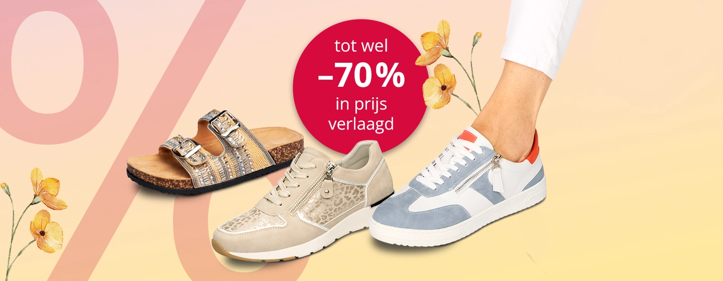 Modische Schuhe im Angebot: glitzernde Sandalen, beigefarbene Sneaker und blau-weiße Sneaker. Roter Kreis mit der Aufschrift: „Bis zu 70 % reduziert.“ Gelbe Blumen.