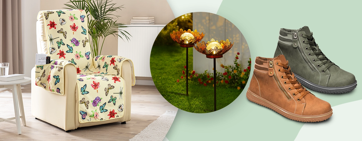 Ein gemütlicher Sessel mit Schmetterlingsmuster, zwei dekorative Gartenleuchten und zwei Paar Freizeitstiefel auf einem sanften grün-beigen Hintergrund.