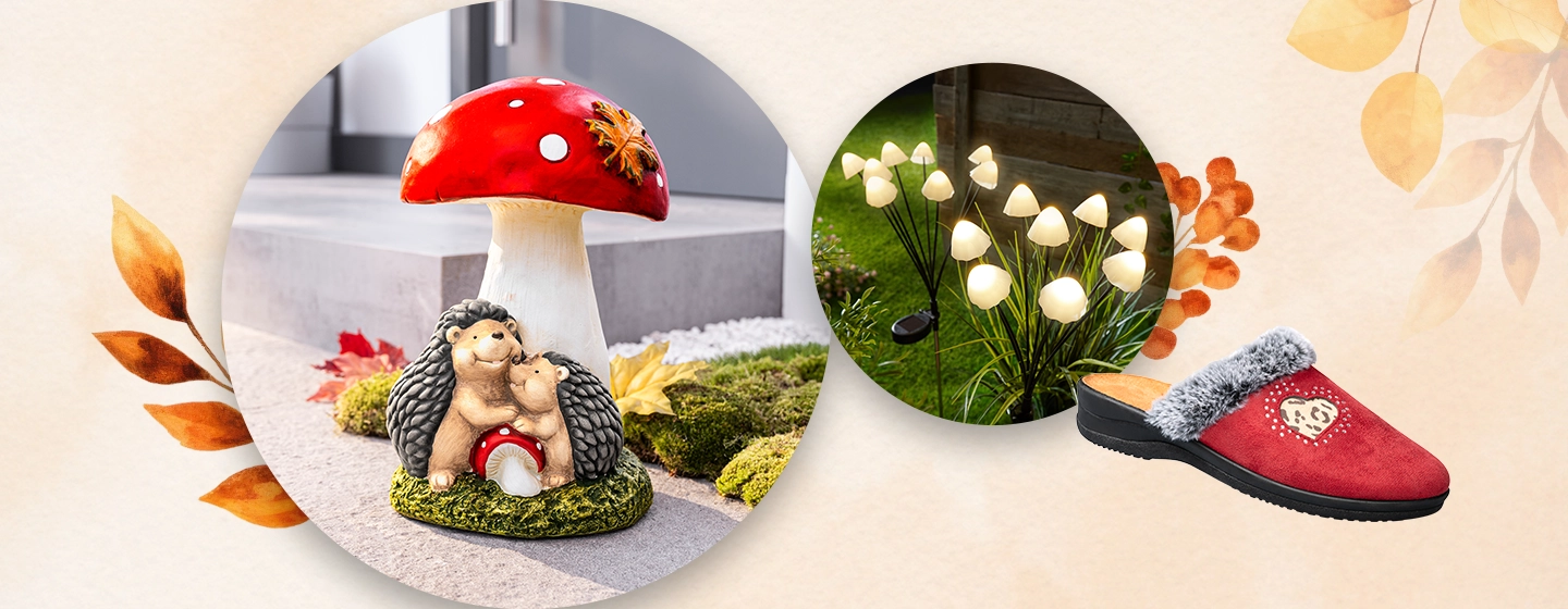 Dekorative Gartenszene mit einer Igel-Figur neben einem roten Pilz, leuchtenden Pilz-Lichtern und einem roten Pantoffel mit Herzmuster.