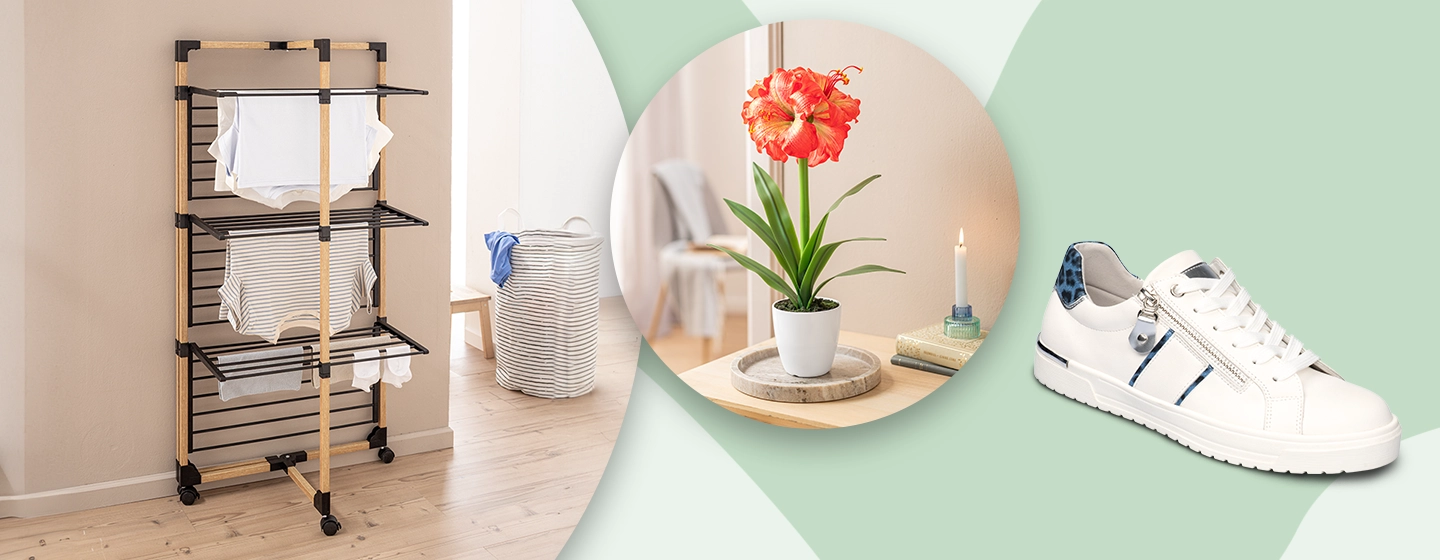 Collage mit Wäscheständer mit Kleidung, dekorativer Blumentopf mit roter Blüte und weißem Sneaker mit blauen Details.