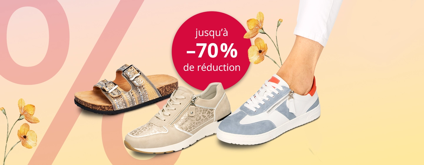 Modische Schuhe im Angebot: glitzernde Sandalen, beigefarbene Sneaker und blau-weiße Sneaker. Roter Kreis mit der Aufschrift: „Bis zu 70 % reduziert.“ Gelbe Blumen.